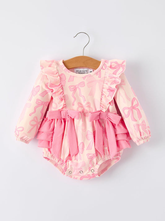 Girls Pink Bow Print Long Sleeves Bubble