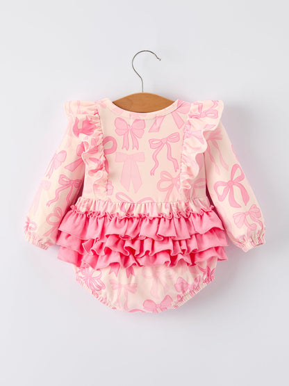 Girls Pink Bow Print Long Sleeves Bubble