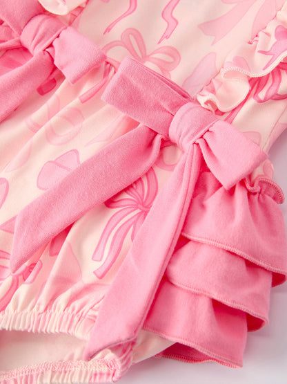 Girls Pink Bow Print Long Sleeves Bubble