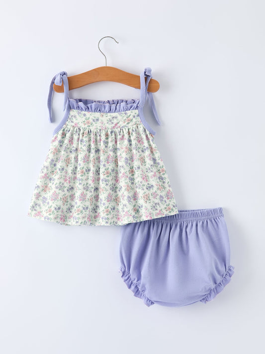 Purple Floral Smocked Embroidery Baby Girls Bloomers Set