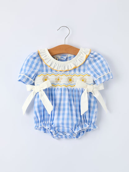 Spring Daisy Bow Smocked Baby Girl Bubble